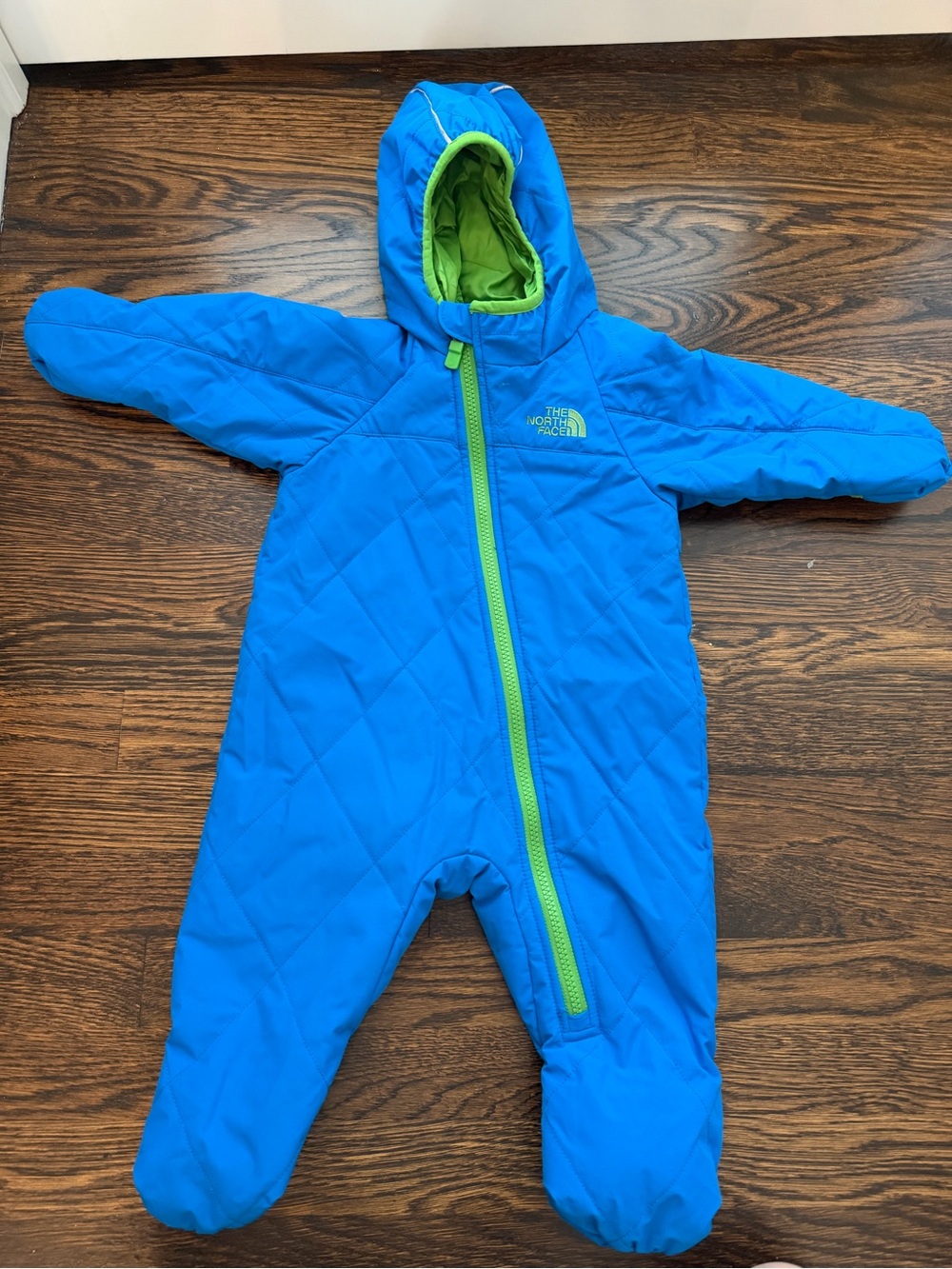 The North Face Blue & Lime Green Hooded Infant One-Piece Snowsuit
